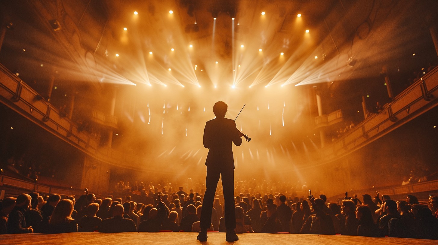 A violinist passionately performing on a stage bathed in warm orange lights, with a crowd of people watching intently in the background. The scene is dominated by a rich contrast of black shadows and amber hues.